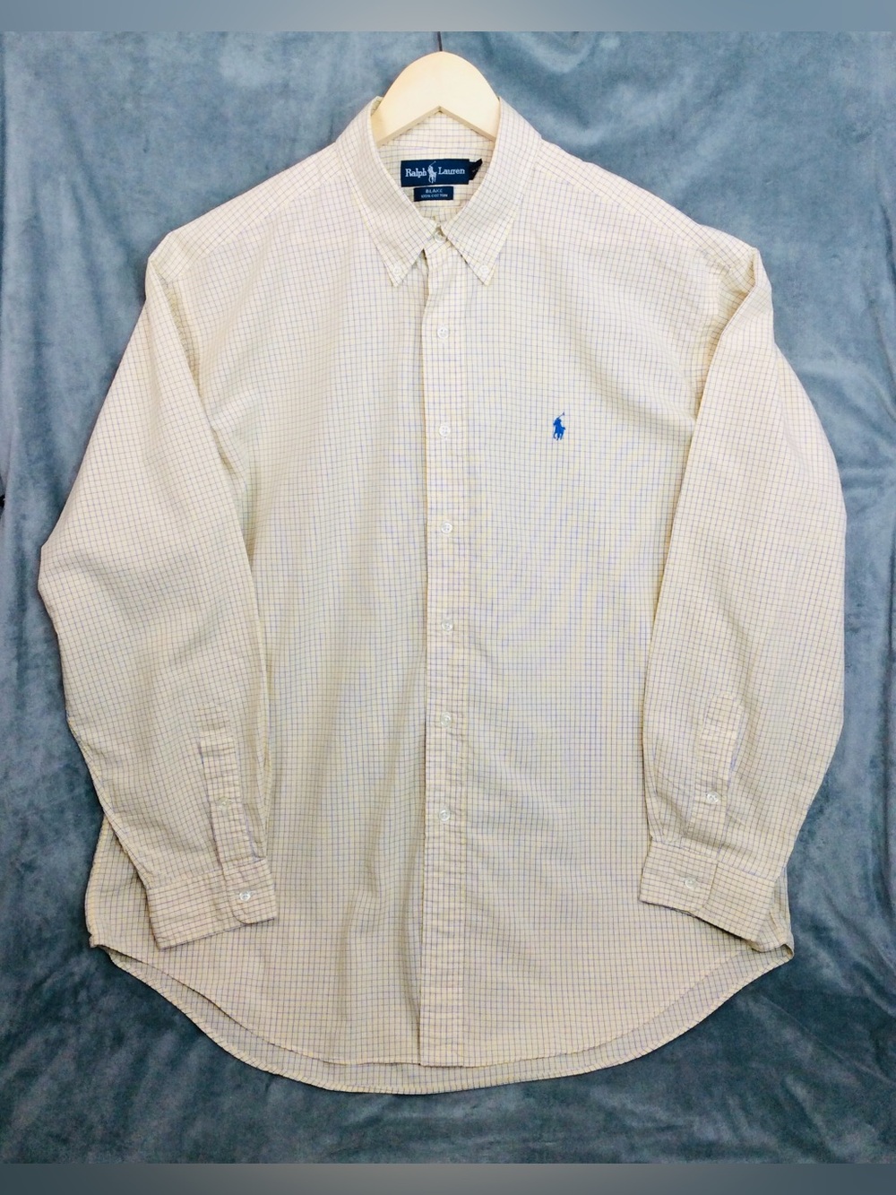 Ralph Lauren Blake Men's Button-Down Shirt in Cream Plaid with Blue Logo